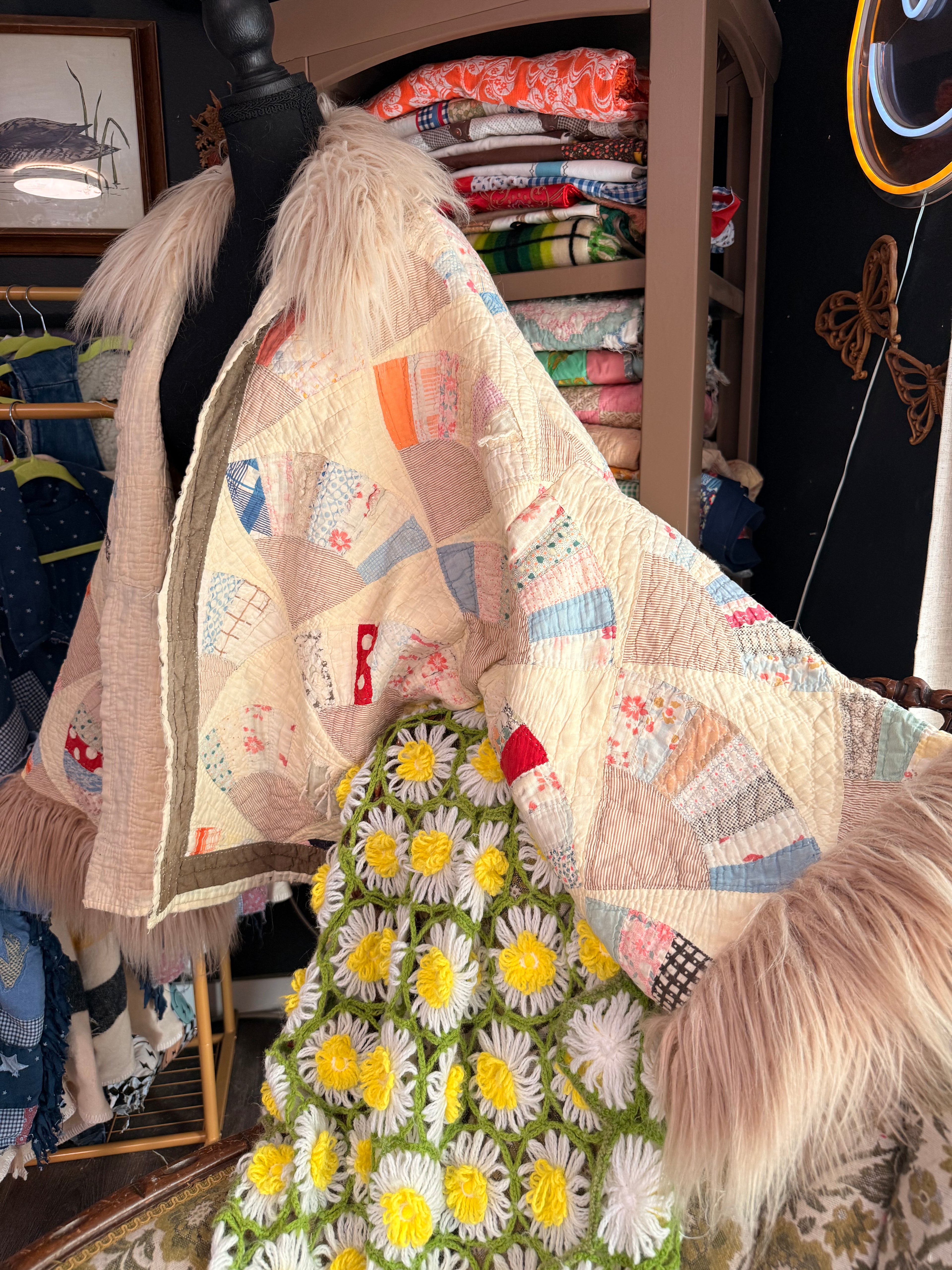 Vintage Quilt Jacket with Fur