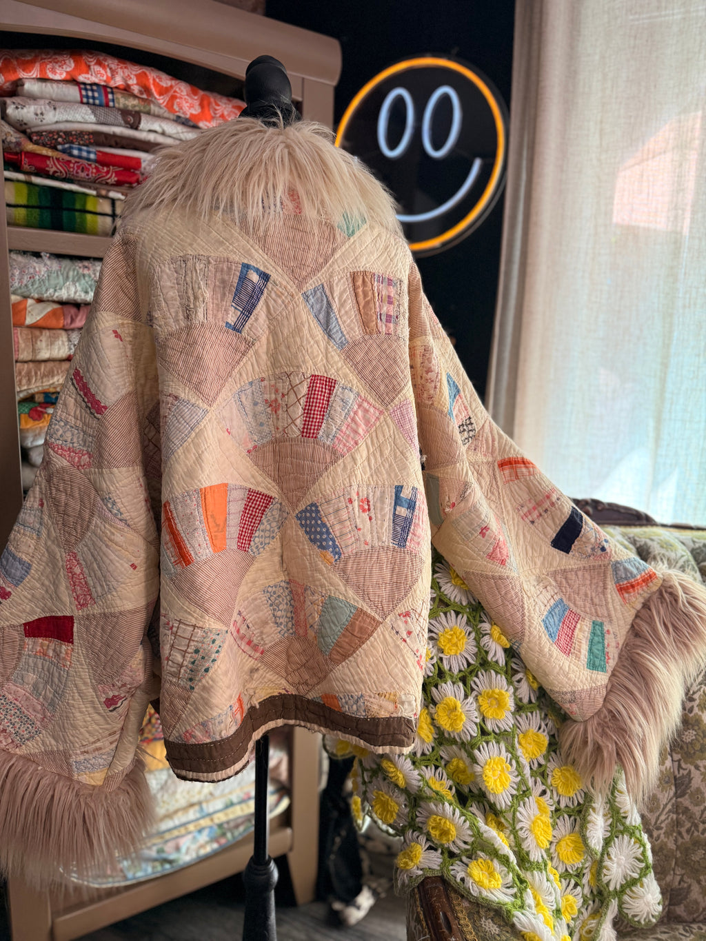 Vintage Quilt Jacket with Fur