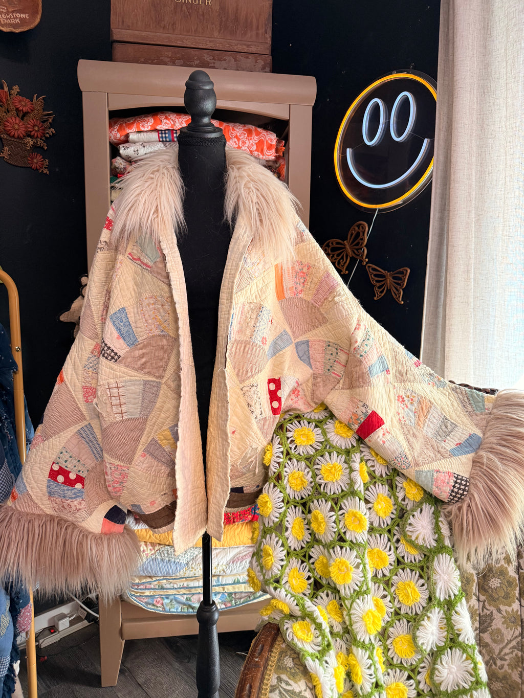 Vintage Quilt Jacket with Fur
