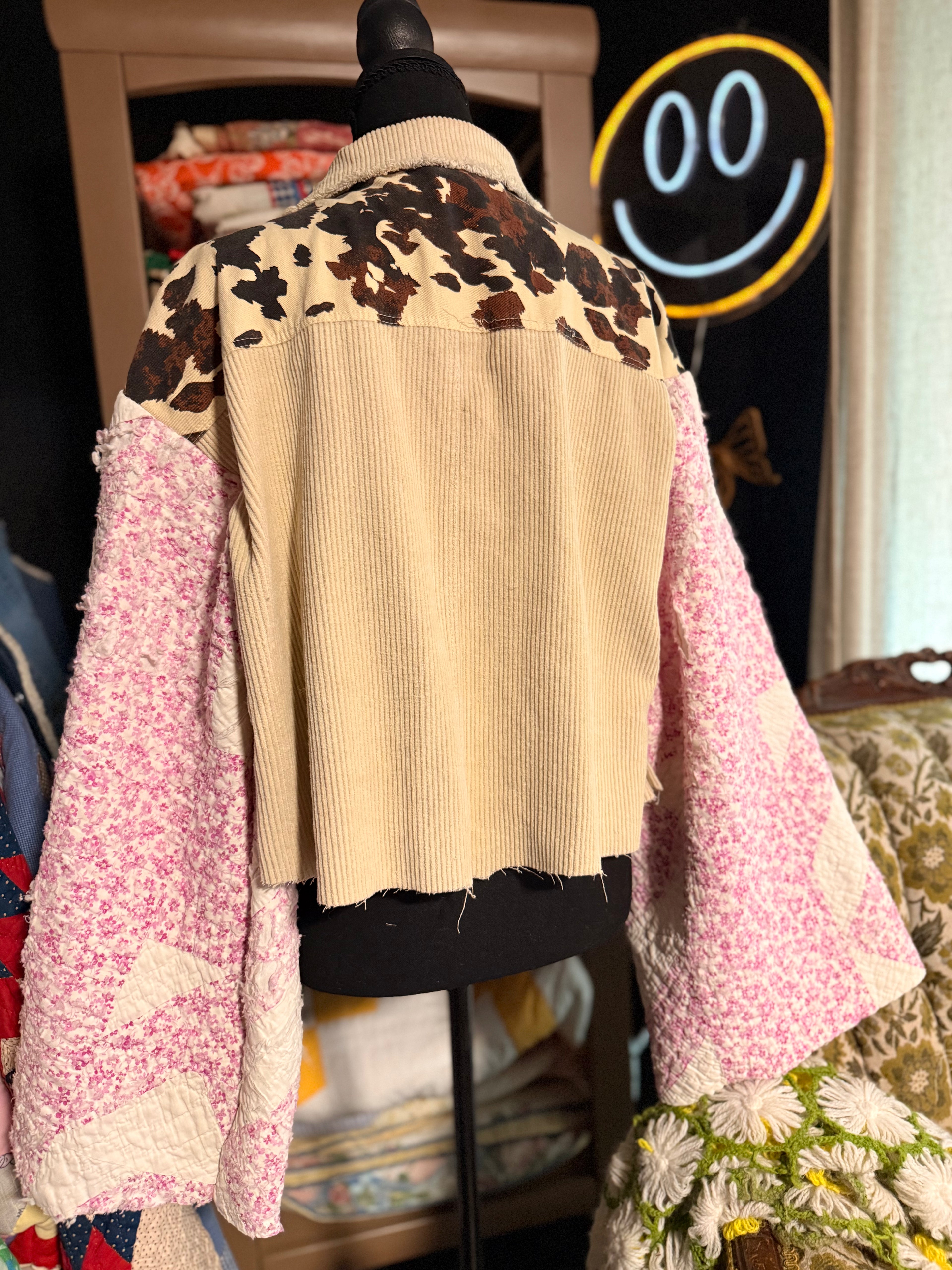 Cow Print and Vintage Quilt Jacket Crop